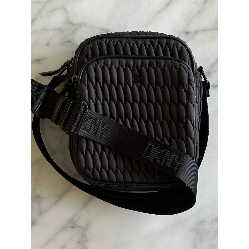 DKNY Black Quilted Nylon Crossbody Bag Logo Strap Smocked Camera Mens Womens - Picture 9 of 14
